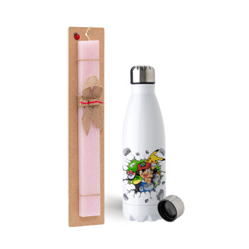 Pokemon brick, Easter Set, metallic stainless steel water bottle (750ml) & scented flat Easter candle (30cm) (PINK)