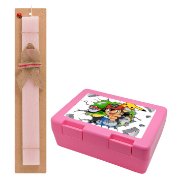 Pokemon brick, Easter Set, children's snack container PINK & scented flat Easter candle (30cm) (PINK)