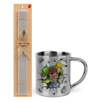 Pokemon brick, Easter Set, metallic thermal cup (300ml) & Easter aromatic flat candle (30cm) (GRAY)