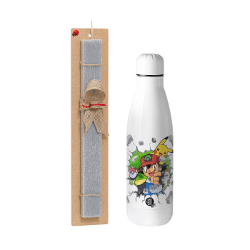Pokemon brick, Easter Set, metallic stainless thermos bottle (500ml) & scented flat Easter candle (30cm) (GRAY)