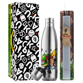 Pokemon brick, Easter Set, metallic stainless thermos flask (500ml) & scented flat Easter candle (30cm) (GRAY)