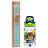 Easter Set, Children's thermal stainless steel bottle with safety straw, green/blue (350ml) & aromatic flat Easter candle (30cm) (TURQUOISE)
