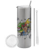 Tumbler stainless steel Silver 600ml, with metal straw & cleaning brush