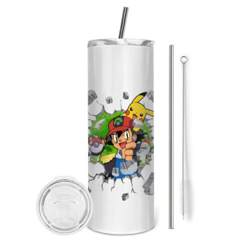 Pokemon brick, Eco friendly stainless steel tumbler 600ml, with metal straw & cleaning brush