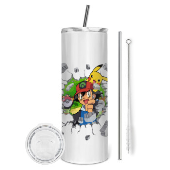Pokemon brick, Tumbler stainless steel 600ml, with metal straw & cleaning brush