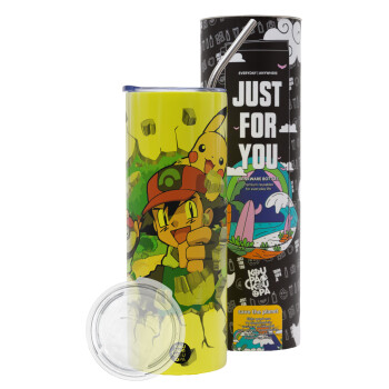 Pokemon brick, Neon Yellow Travel Tumbler θερμό, μεταλλικό καλαμάκι(Ανωξείδωτο 304 Food grade, BPA free, 600ml)