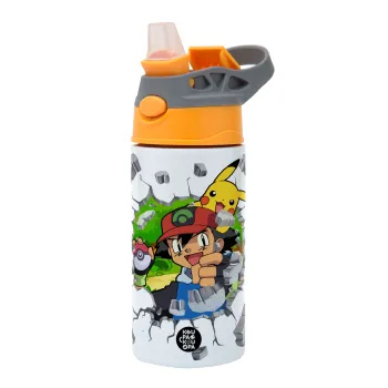 Pokemon brick, Παιδικό παγούρι θερμό, ανοξείδωτο, με καλαμάκι ασφαλείας, Πορτοκαλί/Γκρι (360ml) BPA-FREE
