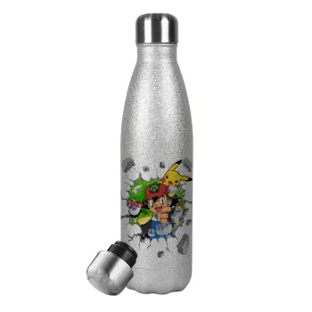 Pokemon brick, Metallic Glitter Silver Thermos Flask (Stainless steel), double-walled, 500ml