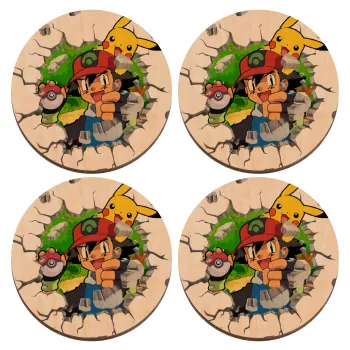 Pokemon brick, ΣΕΤ x4 Σουβέρ ξύλινα στρογγυλά plywood (9cm)