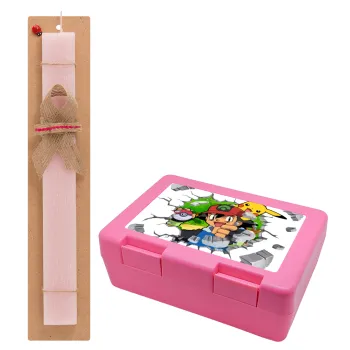 Pokemon brick, Easter Set, children's snack container PINK & scented flat Easter candle (30cm) (PINK)