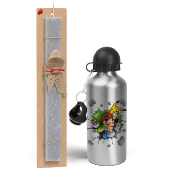 Pokemon brick, Easter Set, metallic silver aluminum water bottle (500ml) & aromatic flat Easter candle (30cm) (GRAY)