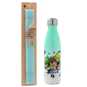 Pokemon brick, Easter Set, Metallic green/white thermos (Stainless steel), double-walled, 500ml & scented flat Easter candle (30cm) (TURQUOISE)