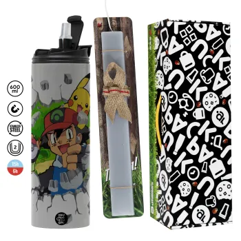 Pokemon brick, Easter candle with Grey Tumbler Thermo 600ml & aromatic flat candle (30cm) (GREY)