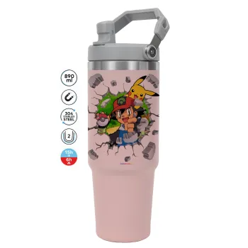 Pokemon brick, ΡΟΖ χρώματος Θερμός Ανοξείδωτο 890ml (30oz) με χερούλι