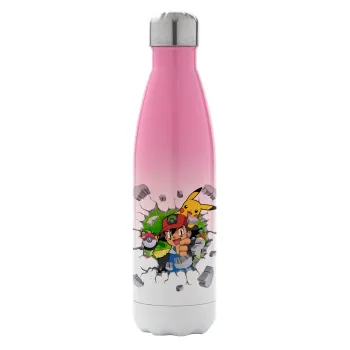 Pokemon brick, Metal mug thermos Pink/White (Stainless steel), double wall, 500ml