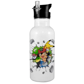 Pokemon brick, White water bottle with straw, stainless steel 600ml