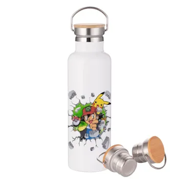 Pokemon brick, Stainless steel White with wooden lid (bamboo), double wall, 750ml