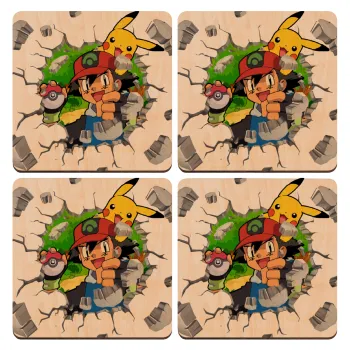 Pokemon brick, ΣΕΤ x4 Σουβέρ ξύλινα τετράγωνα plywood (9cm)