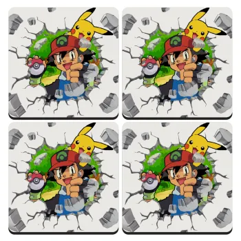 Pokemon brick, ΣΕΤ 4 Σουβέρ ξύλινα τετράγωνα (9cm)