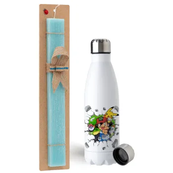 Pokemon brick, Easter Set, metallic stainless steel water bottle (750ml) & aromatic flat Easter candle (30cm) (TURQUOISE)