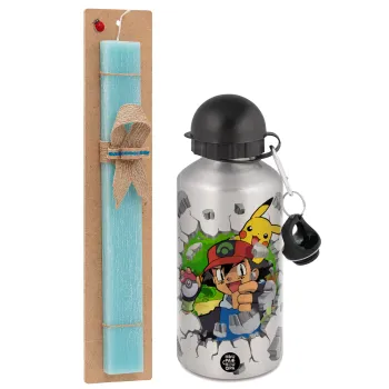 Pokemon brick, Easter Set, metallic silver aluminum water bottle (500ml) & scented flat Easter candle (30cm) (TURQUOISE)