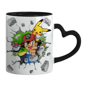 Pokemon brick, Κούπα καρδιά χερούλι μαύρη, κεραμική, 330ml