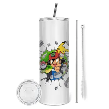 Pokemon brick, Tumbler ποτήρι θερμό από ανοξείδωτο ατσάλι 600ml, με μεταλλικό καλαμάκι & βούρτσα καθαρισμού