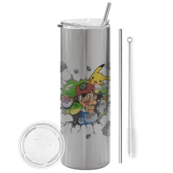 Pokemon brick, Tumbler ποτήρι θερμό Ασημένιο από ανοξείδωτο ατσάλι 600ml, με μεταλλικό καλαμάκι & βούρτσα καθαρισμού