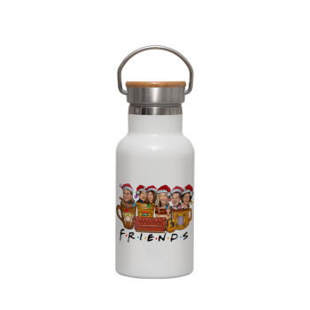 FRIENDS xmas, Μεταλλικό παγούρι θερμός (Stainless steel) Λευκό με ξύλινο καπακι (bamboo), διπλού τοιχώματος, 350ml