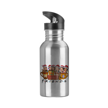 FRIENDS xmas, Water bottle Silver with straw, stainless steel 600ml