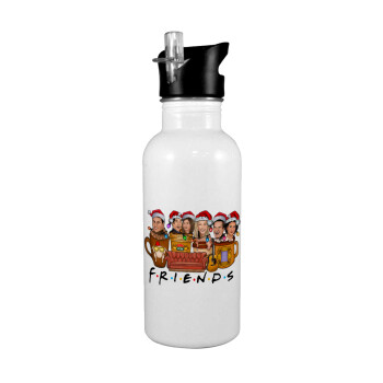 FRIENDS xmas, White water bottle with straw, stainless steel 600ml