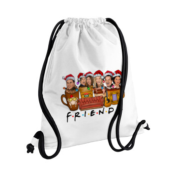FRIENDS xmas, Τσάντα πλάτης πουγκί GYMBAG λευκή, με τσέπη (40x48cm) & χονδρά κορδόνια
