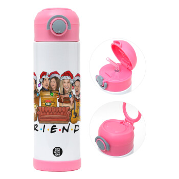 FRIENDS xmas, Children's hot water bottle, stainless steel, with safety straw, PINK (500ml)