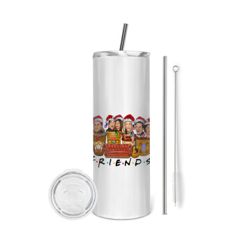 FRIENDS xmas, Eco friendly stainless steel tumbler 600ml, with metal straw & cleaning brush