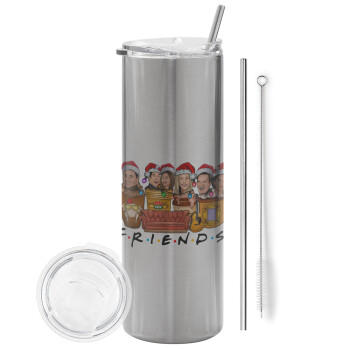 FRIENDS xmas, Eco friendly stainless steel Silver tumbler 600ml, with metal straw & cleaning brush