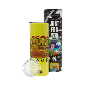 FRIENDS xmas, Neon Yellow Travel Tumbler, with metal straw (Stainless steel 304 Food grade, BPA free, 600ml)