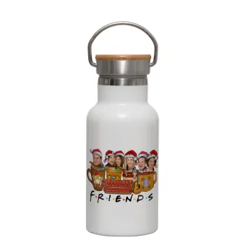 FRIENDS xmas, Μεταλλικό παγούρι θερμός (Stainless steel) Λευκό με ξύλινο καπακι (bamboo), διπλού τοιχώματος, 350ml