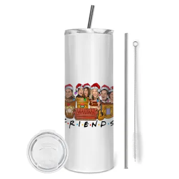 FRIENDS xmas, Tumbler ποτήρι θερμό από ανοξείδωτο ατσάλι 600ml, με μεταλλικό καλαμάκι & βούρτσα καθαρισμού