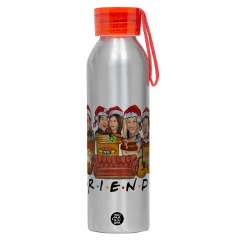 FRIENDS xmas, Αλουμινένιο Αθλητικό Μπουκάλι 650ml – Ασημί με Κόκκινο Καπάκι και Λουράκι Σιλικόνης