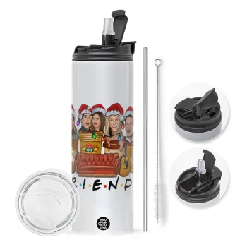 FRIENDS xmas, Travel Tumbler 2 Lids, with metal straw & cleaning brush (Stainless steel 304 Food grade, BPA free, 600ml)