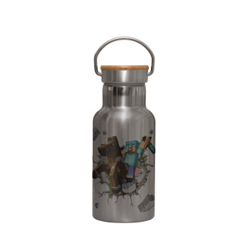 Minecraft brick, Stainless steel metallic thermos flask, silver with a bamboo lid, double-walled, 350ml.