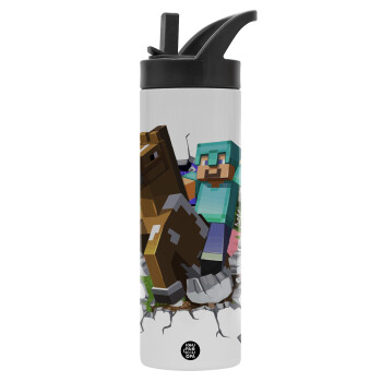 Minecraft brick, Metallic thermos bottle with straw & handle, stainless steel (Stainless steel 304), double-walled, 600ml.