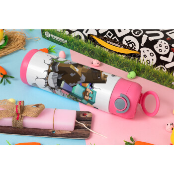 Minecraft brick, Easter candle, Childrens hot water bottle, stainless steel, with safety straw, PINK (500ml)