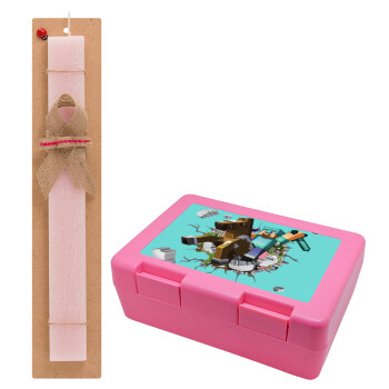 Minecraft brick, Easter Set, children's snack container PINK & scented flat Easter candle (30cm) (PINK)