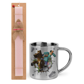 Minecraft brick, Easter Set, metallic thermal cup (300ml) & aromatic flat Easter candle (30cm) (PINK)