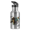 Water bottle Silver with straw, stainless steel 600ml