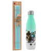 Easter Set, Metallic green/white thermos (Stainless steel), double-walled, 500ml & scented flat Easter candle (30cm) (TURQUOISE)
