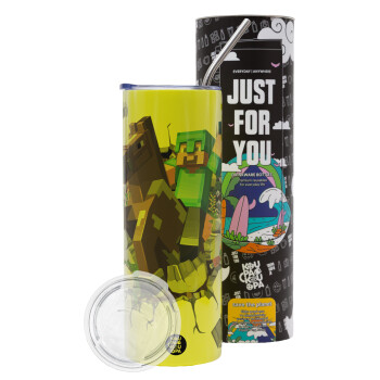 Minecraft brick, Neon Yellow Travel Tumbler θερμό, μεταλλικό καλαμάκι(Ανωξείδωτο 304 Food grade, BPA free, 600ml)