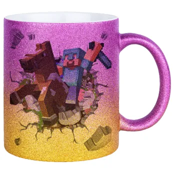 Minecraft brick, Κούπα Χρυσή/Ροζ Glitter, κεραμική, 330ml