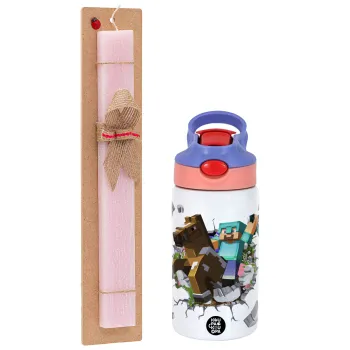 Minecraft brick, Easter Set, Children's thermal stainless steel water bottle with safety straw, pink/purple (350ml) & Easter scented flat candle (30cm) (PINK)
